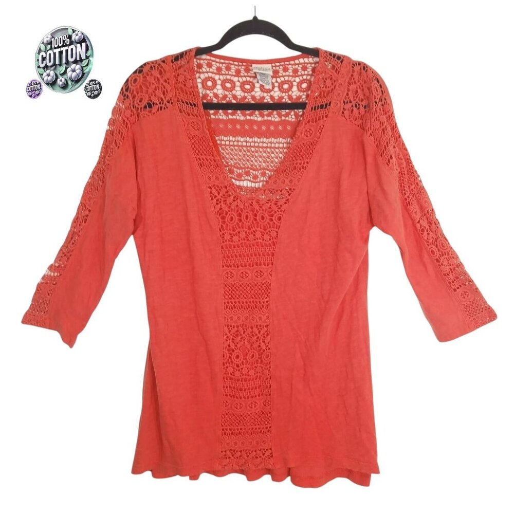 Mind Set by XCVI Red Open Knit Crochet Cotton V-Neck Long Sleeve Sweater Sz M